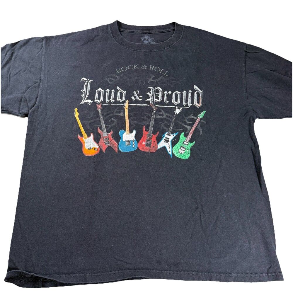 ROCK & ROLL Loud & Proud Graphic Guitar Mens Black T-shirt Sz XL